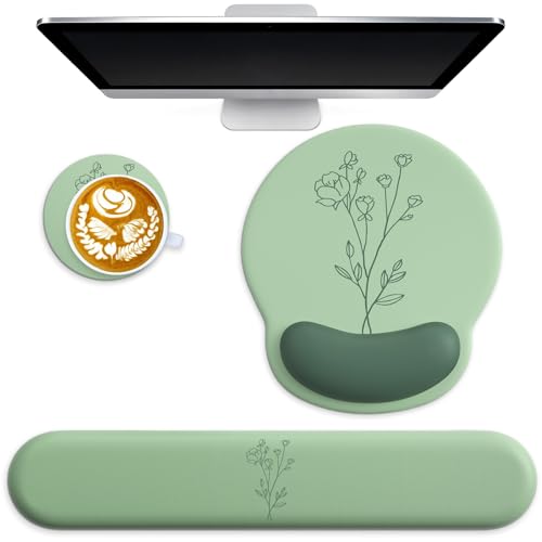 3 in 1 Ergonomic Mouse Pad and Keyboard Wrist Rest with Coaster Set-Green | Cute Large Mousepad with Gel Wrist Support for Gaming Computer Laptop Women Office Home Desk Decor - color: C2-Green with Little Flower