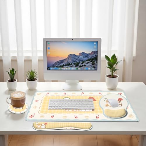 Cute Dogs Desk Mat Set Cozy Cartoon Room Large Mouse Pad with Wrist Rest 4-in-1 Desk Mat for Desktop Ergonomic Computer Desk Arm Wrist Anti-Slip Computer Ergonomic Mouse Pad Home Office Gaming - color: Cute Dogs, size: 34.5" x 15.7"