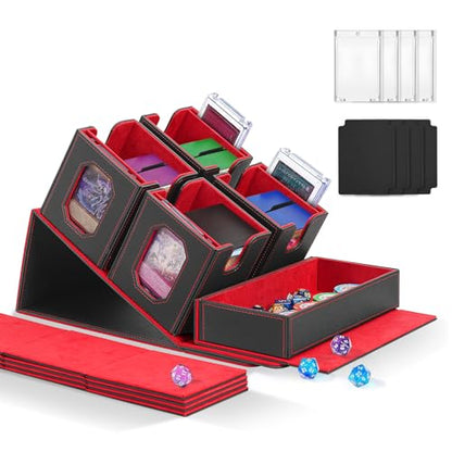 Trading Card Storage Box with Commander Display for MTG, TCG, Sports Cards, 5-in-1 Card Deck Box, Holds 450+ Double-Sleeved Cards, 4 Individual Deck Cases with Covers, Dice Tray & Magnetic Holders - color: Black & Red