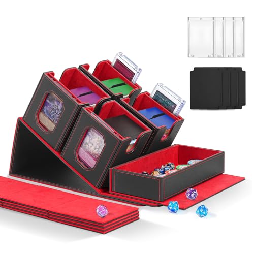 Trading Card Storage Box with Commander Display for MTG, TCG, Sports Cards, 5-in-1 Card Deck Box, Holds 450+ Double-Sleeved Cards, 4 Individual Deck Cases with Covers, Dice Tray & Magnetic Holders - color: Black & Red