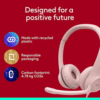 Logitech H390 Wired Headset PC/Laptop Stereo Headphones - Rose | For PC/Laptop, Stereo, USB-A, In-Line Controls, Works with Chromebook - color: Rose, style: USB-A
