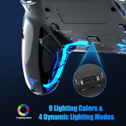 BETMI Wireless Controller for PS5, Pro/Slim/MAC/Steam Deck/PC, Hall Effect Joystick, Dual Vibration/Macro/Turbo, 3.5mm Jack, 6-Axis, Mute Key, LED Gamepad with Speaker (4 Lighting Effects, 9 Light Colors) - color: Transparent Black