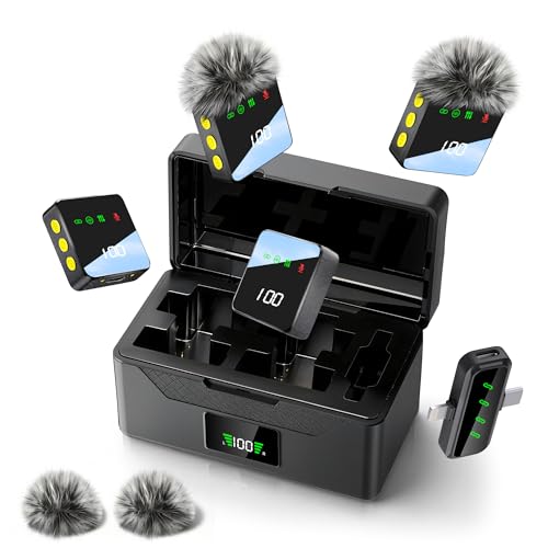 Wireless Lavalier Microphone for iPhone & Android, Upgraded Mini Microphone with Digital Display & AI Noise Reduction - 100H Charging Case, Mic for Video Recording, Vlogging, TikTok (4 Mics) - color: Crow Black