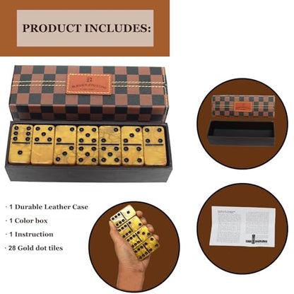 Dominos Set for Adults, Thick Domino, Double 6 Dominoes Set for Adults and Kids, 28 Marbleized Gold Tiles in Brown Leather Case, Travel Domino's Game Set - color: Gold
