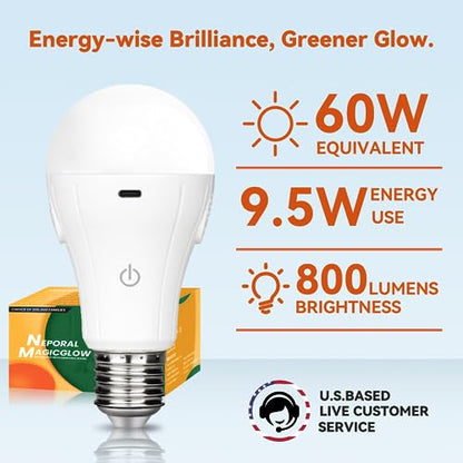 Neporal MagicGlow Rechargeable Light Bulbs with Remote, 3 Colors Shift + Stepless Dimmable Battery Light Bulbs, USB Rechargeable, A19, Up to 24 Hours (3000-6000K, 1, Count)