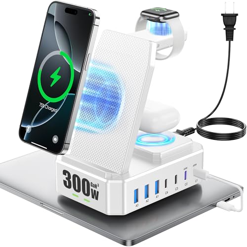 300W Charging Station for Multiple Devices Apple, Zutspzss 10 in 1 Wireless Charger for iPhone 17, GaN III USB C 65W PD Fast Charging Stand Dock for MacBook, Apple Watch&Airpods,White - color: White