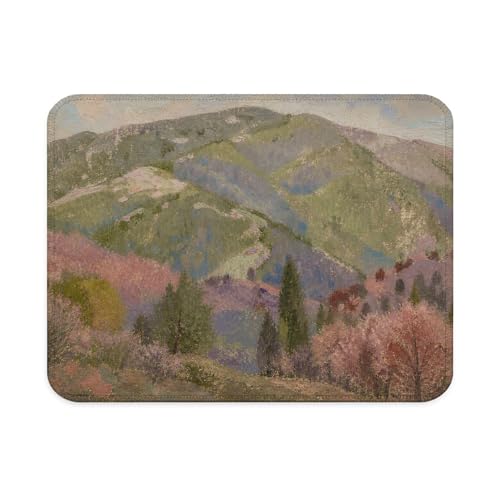 Vintage Mountain Landscape Mouse Pad, Pastel Green Pink Forest Mountain Scenery Mouse Pad for Work Computers Laptop Home Office Dorm Desk Accessories, 9.5x7.9 Inch - color: Landscape Flowers Mouse Pad P