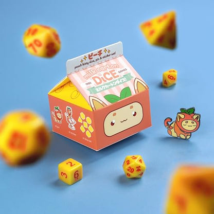 1985 Games Peach Cat Milk Carton Dice Set – Milk Carton-Inspired Dice for DND | TTRPGs & Tabletop Roleplaying - color: Peach