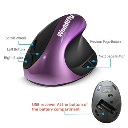 Ergonomic Mouse Wireless,Vertical Mouse with Silent Click Right Handed Small Mouses with 6 Buttons 1000/1200/1600 for Laptop,Desktop,PC, MacBook（Purple AA） - color: Purple