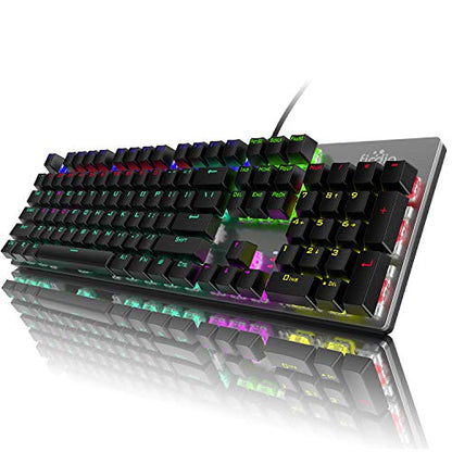Mechanical Gaming Keyboard, Fantastic LED Rainbow Backlit Wired Keyboard, Full Anti-Ghosting Keys, with Quick-Response Blue Switches and Multimedia Control for PC and Desktop Computer
