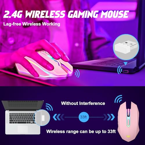 Wireless Gaming Mouse, Rechargeable Computer Mouse, 7-Color LED Light, Ergonomic Mouse with 6 Silent Click Buttons, 3 Adjustable 2400 DPI Wireless Mouse for Laptop,PC,Mac, Pink - color: Pink