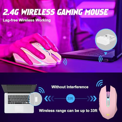 Wireless Gaming Mouse, Rechargeable Computer Mouse, 7-Color LED Light, Ergonomic Mouse with 6 Silent Click Buttons, 3 Adjustable 2400 DPI Wireless Mouse for Laptop,PC,Mac, Pink - color: Pink