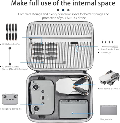 Tomat Carrying Case for DJI Mini 4K/Mini 2 /Mini 2 SE Fly More Combo Accessories, Portable Travel Bag Can Storage 1x Charging Hub and 3x Batteries,1*Drone,1*RC-N1 Remote Controller Etc Accessories