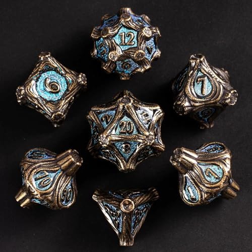 7PCS Metal DND Dice Bronze Blue Metal Dice Set D&D for Board Games | Leather Storage Bag, DM Gift, for Dungeons and Dragons Role Playing Games - color: Metal Tree-bronzeblue