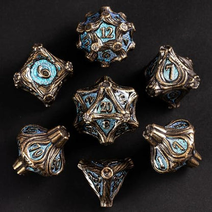 7PCS Metal DND Dice Bronze Blue Metal Dice Set D&D for Board Games | Leather Storage Bag, DM Gift, for Dungeons and Dragons Role Playing Games - color: Metal Tree-bronzeblue