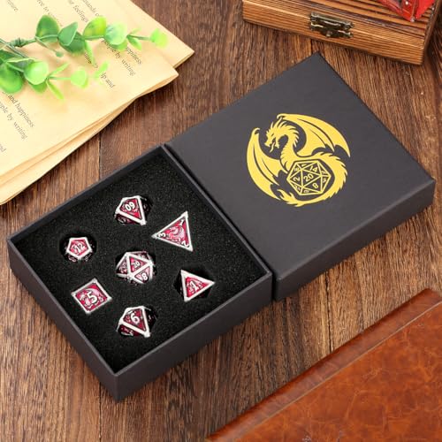 Metal Dice Set, Fly Dragon Pattern, 7pcs Polyhedral Metal DND Dice Set, DND Starter Set, D&D Gifts with Gift Box, Role Playing Board Games Accessories, Red ﻿ - color: Red