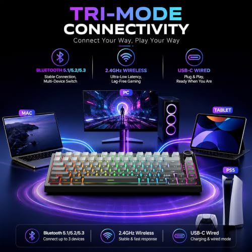 RASSE Mechanical Keyboard, Tri-Mode RGB Gaming Keyboard with Knob, Hot-Swappable Compact 75% Layout, Side-Printed PBT Keycaps, Bluetooth/2.4G/USB-C for PC Mac Laptop