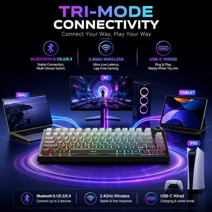 RASSE Mechanical Keyboard, Tri-Mode RGB Gaming Keyboard with Knob, Hot-Swappable Compact 75% Layout, Side-Printed PBT Keycaps, Bluetooth/2.4G/USB-C for PC Mac Laptop