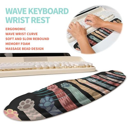 2-in-1 Ergonomic Set, Wave Rise Keyboard Wrist Rest and Massage Bulge Slope Mouse Pad Wrist Support, Cushion Memory Foam Integrated to Relieve Wrist Pain, Multicolour Cat Claws - color: Multicolour Cat Claws