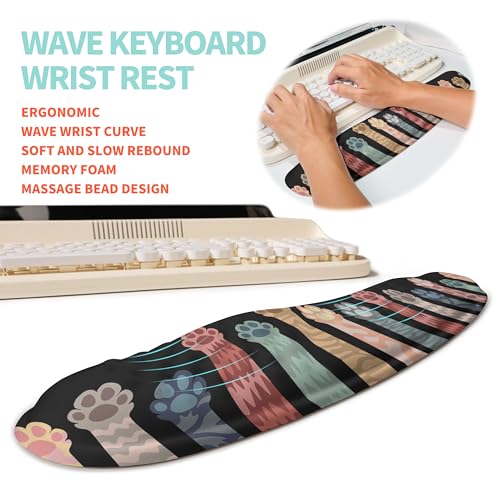 2-in-1 Ergonomic Set, Wave Rise Keyboard Wrist Rest and Massage Bulge Slope Mouse Pad Wrist Support, Cushion Memory Foam Integrated to Relieve Wrist Pain, Multicolour Cat Claws - color: Multicolour Cat Claws