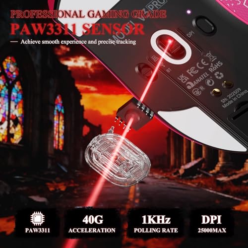 MAMBASNAKE Attack Shark V3 PRO 62g Superlight Wireless Gaming Mouse,RGB Charging Dock,BK52820 Tri-Mode BT/2.4G Wireless/Wired Mouse with Grip Tape,25000DPI,5 Programmable Buttons for Pc/Mac,Red PRO - color: Berry Red&Stickers