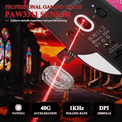 MAMBASNAKE Attack Shark V3 PRO 62g Superlight Wireless Gaming Mouse,RGB Charging Dock,BK52820 Tri-Mode BT/2.4G Wireless/Wired Mouse with Grip Tape,25000DPI,5 Programmable Buttons for Pc/Mac,Red PRO - color: Berry Red&Stickers