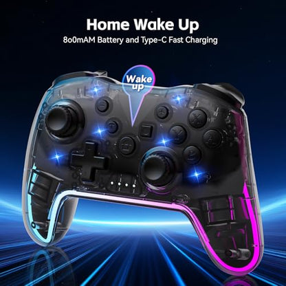 Wireless Pro Ergonomic Controller for Switch/PC/iOS/Andorid | Compatible with Lite/OLED/. 7-Color RGB Lighting, Turbo/Vibration Adjustment, 10H Battery life, One-Key Wake-Up. - color: TransparentBlack