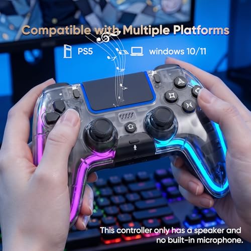 BETMI Wireless Controller for PS5, Pro/Slim/MAC/Steam Deck/PC, Hall Effect Joysticks,Dual Vibration, Marco/Turbo, 3.5mm Audio Jack, 6-Axis Gyro, Mute, Bluetooth LED Gamepad with Speaker(9 Colors Single & Dual-Color LED, L Pink R Cyan, Transparent)