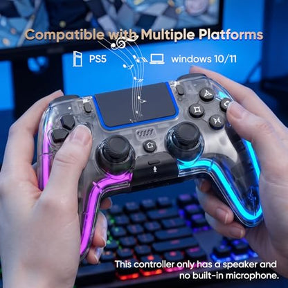 BETMI Wireless Controller for PS5, Pro/Slim/MAC/Steam Deck/PC, Hall Effect Joysticks,Dual Vibration, Marco/Turbo, 3.5mm Audio Jack, 6-Axis Gyro, Mute, Bluetooth LED Gamepad with Speaker(9 Colors Single & Dual-Color LED, L Pink R Cyan, Transparent)