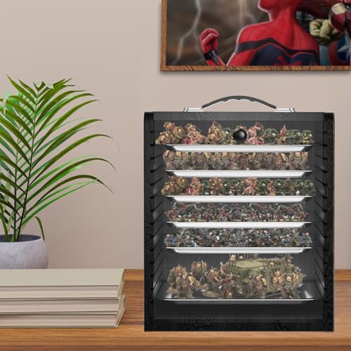 Miniature Storage Case for Collectibles Miniatures, Wooden Display Cases with 6 Trays, Miniature Display Case Miniatures Transport Case (Black) - color: Black