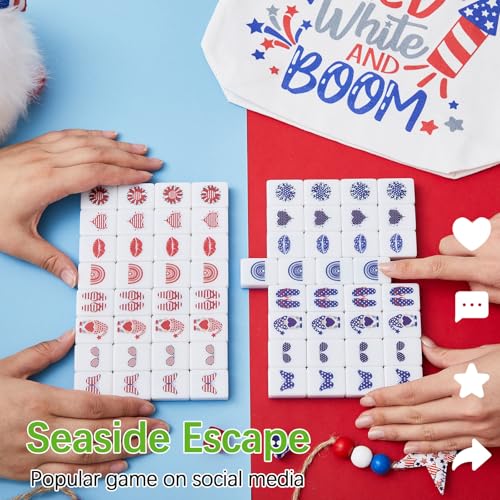 Hollowfly 2 Player Patriotic Mahjong Block Set with Storage Bags 65 Tiles 30 mm 4th of July Mahjong Push Tile Game with Red and Blue Pattern No DIY Required for Friend Family Game Night Party Gift - style: Red and Blue