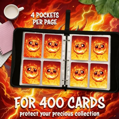 Trading Card Binder Small 4 Pocket,capacity of 400 Cards, 50 Clear Sheets Included, 3 Rings And Zipper, Cards Binder, Collector Binder, Water Proof with Dragon Design (RedFire Ball, Small) - color: RedFire Ball, size: Small