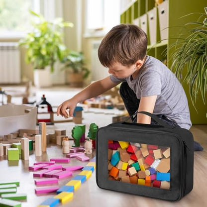 Abbylike 8 Pack Toys Storage Bags with Handle and Clear PVC Window, Classic Bricks Building Set Organization Bags, Car Toy Traveling Carrying Case for Puzzles Board Games Building Blocks (Black) - color: Black