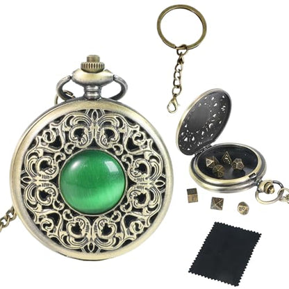 Mini DND Dice Set with Watch Shell and Keychain, Portable 7PCS Polyhedral Metal Dice Set Perfect for Dungeons and Dragons Gifts, MTG, Role Playing Board Games Accessory (Ancient Bronze) - color: Ancient Bronze