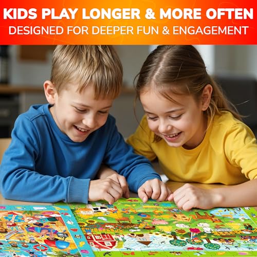 QUOKKA 100 Piece Puzzles for Kids Ages 4-6 – 4xSET Search and Find Kids Puzzles Ages 5-8 – Artist-Crafted Illustrations with Children Daily Life, Hidden Objects - Educational Activity Toy Gift - color: Farm & Beach