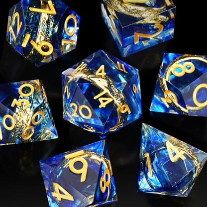 Golden Ring DND Dice Set, 7pcs D&D Polyhedral Sharp Edge Resin Dice with Box, Rings Dice Set for Role Playing Dungeons and Dragons, Playing Games for D and D MTG RPG Table Game Gifts (Blue) - color: Ring Blue, style: Ring