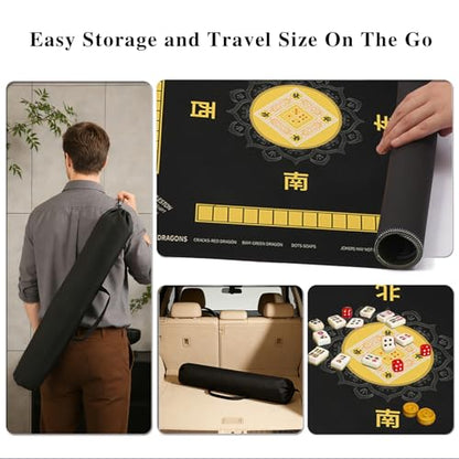 Black Mahjong Mat 31.5x31.5 Inch Non-Slip and Noise Reduction Mah Jong Table Mat Dirt-Resistant with Carrying Bag for Mahjong Poker Card Board Games Dominoes (Black) - color: Black