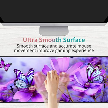 Desk Pad Mat Gaming Mouse Pads with Coasters,Stitched Edges Design Mouse Pad XXL Large Mouse Pad for Laptop Computers Purple Flowers and Butterflies Desk Writing Mat for Office & Home - color: Purple Flowers and Butterflies