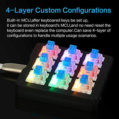 Koolertron One Handed Macro Mechanical Keyboard,RGB LED Backlit Portable Mini Gaming Keypad OSU! Keyboard 9 Fully Programmable Keys Blue Switches with Retro Classic Typewriter Round Keycaps