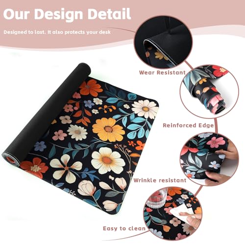 Baziabbo Floral Desk Mat,XXL Extended Big Mouse Pad,Gaming Mousepad with Stitched Edge,Non-Slip Rubber Base Keyboard Desk Pad for Home Office Study Game - color: Floral Black