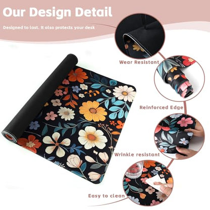 Baziabbo Floral Desk Mat,XXL Extended Big Mouse Pad,Gaming Mousepad with Stitched Edge,Non-Slip Rubber Base Keyboard Desk Pad for Home Office Study Game - color: Floral Black