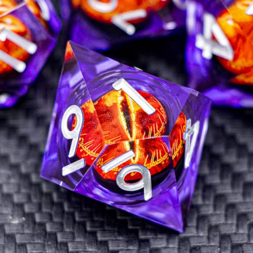 ARUOHHA DND Resin Dice Gazes Eye Dice Silver Purple Liquid Core Flaming RPG Sharp Edged Dice Set with Gift Box, Polyhedral D and D Dice Set Compatible with Dungeons Dragons Role Playing Game D20 D6 - color: Sl01-purple Silver
