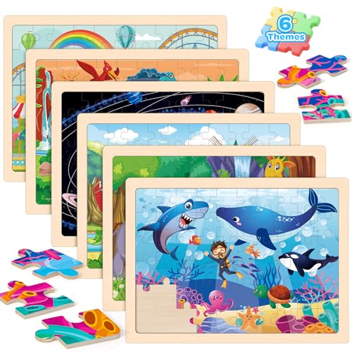 6-Pack Wooden Puzzles for Kids Ages 3-5, 60-Piece Animals Jigsaw Set | Toddler Puzzles Ages 3-5, Preschool Puzzles with Wooden Jigsaw Boards for Fine Motor Skills, Shape Recognition and Travel - style: Animals