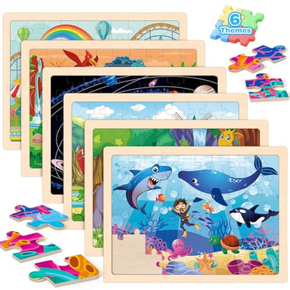 6-Pack Wooden Puzzles for Kids Ages 3-5, 60-Piece Animals Jigsaw Set | Toddler Puzzles Ages 3-5, Preschool Puzzles with Wooden Jigsaw Boards for Fine Motor Skills, Shape Recognition and Travel - style: Animals
