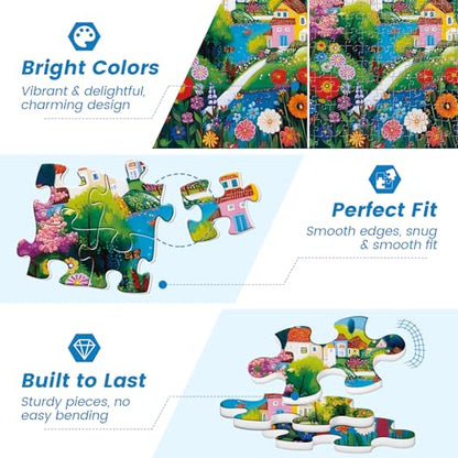 300 Pieces Puzzles for Adults, Large Piece Charming Village Jigsaw Puzzles,Colorful Village with Flowers,Birds Lake Puzzle for Kids Kids Ages 8-10 8-12 10-12,Puzzles for Family Game Nights,20.5x15 in - style: Flowers Village