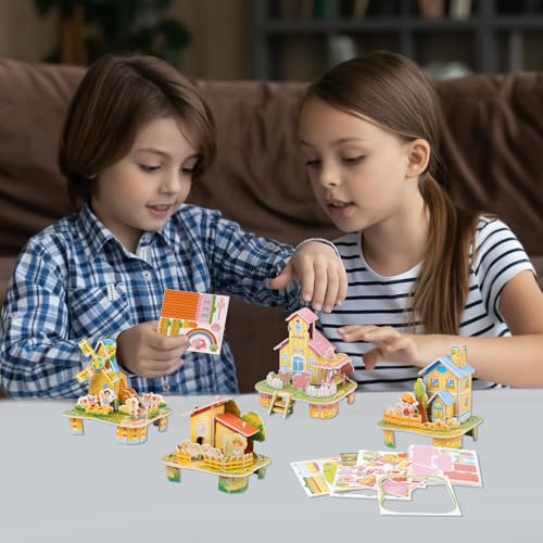 LOAVER 12 Pack 3D House Building Puzzles Kit for Kids,3D DIY Jigsaw Cartoon Paper Puzzles Toy Set for Children Gifts Hand-on Crafts School Prizes