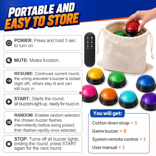 Buzzers for Trivia Games and Family Party: 8 Pack Answer Buzzers with Remote Control - Game Buzzers with Light & Sound First-Press Lock for Classroom Quiz