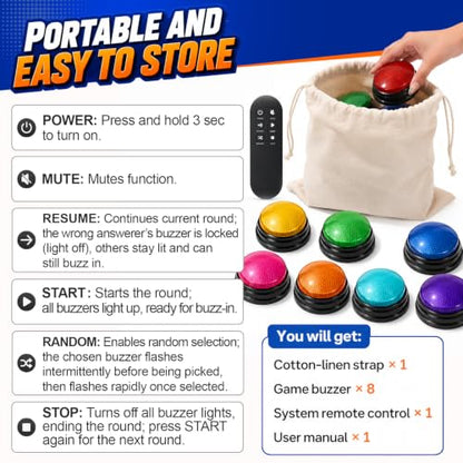 Buzzers for Trivia Games and Family Party: 8 Pack Answer Buzzers with Remote Control - Game Buzzers with Light & Sound First-Press Lock for Classroom Quiz