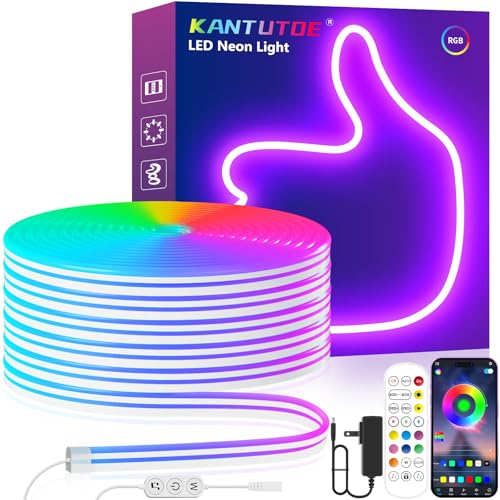 KANTUTOE LED Neon Rope Lights, 13.1ft RGB LED Light Strip, 24V Music Sync App/Remote Control DIY Rope Light, IP67 Waterproof Gaming Neon Strip Lights for Bedroom Indoor Oudoor Décor - size: 13.1ft