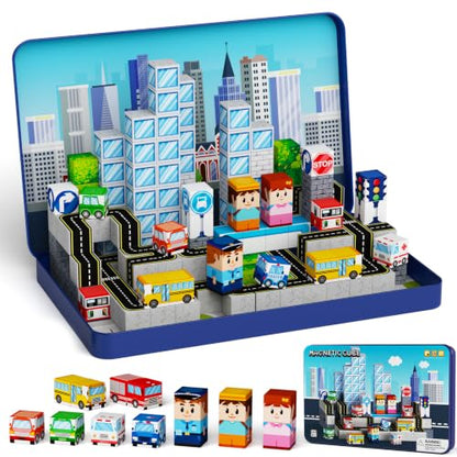 Strong Magnetic Travel Blocks：Great for on-the-go Play Ages 3-8 | Ideal Travel Play for Car Backseats & Airplane Tray Tables-City Traffic Magnetic Blocks Set for Kids - style: City Traffic 100